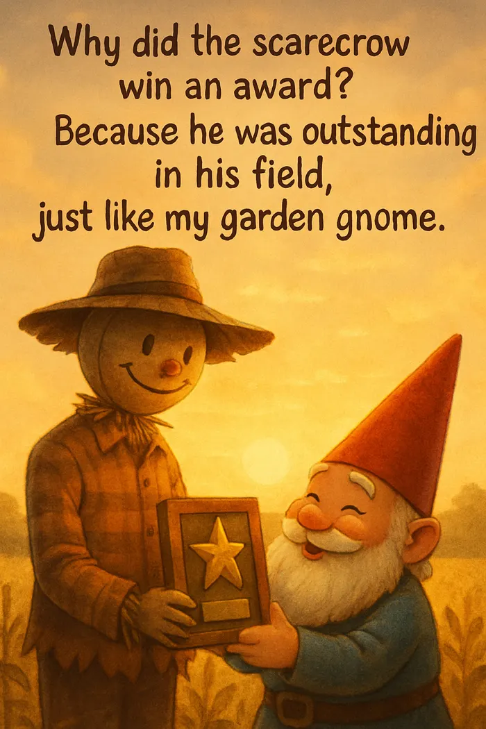 Why did the scarecrow win an award? Because he was outstanding in his field, just like my garden gnome.
