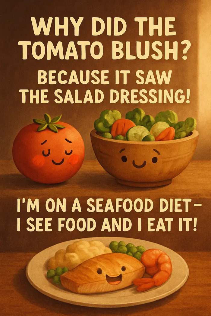 Why did the tomato blush? Because it saw the salad dressing! I’m on a seafood diet — I see food and I eat it!