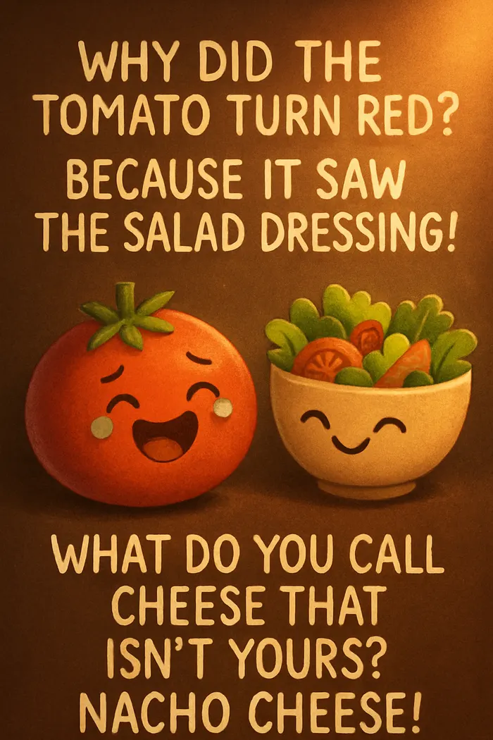 Why did the tomato turn red? Because it saw the salad dressing! What do you call cheese that isn’t yours? Nacho cheese!